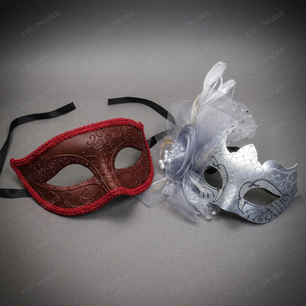 Venetian Floral Scroll Masquerade Mask Red Silver Halloween